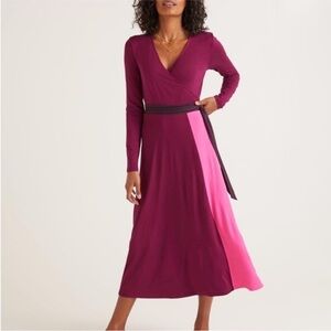 Boden Laurie Wrap Dress Purple Pink Colorblock Long Sleeve Tie Waist Size 12